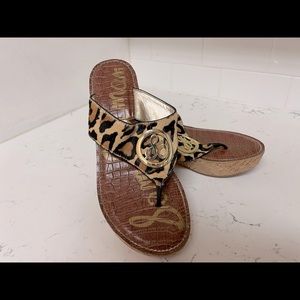 Sam Edelman Womens Ruth Thong Sandals Beige Leopard Print Wedge Leather SZ 8